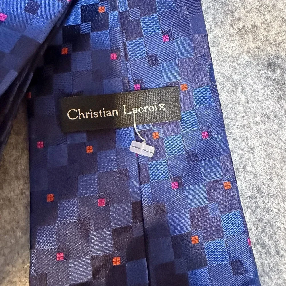 Christian Lacroix Tie Mens One Size Blue Geometric Silk Made Italy Necktie